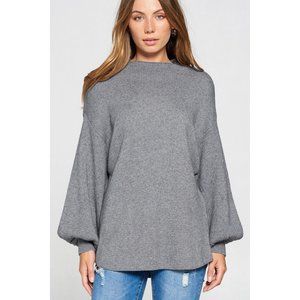 Grey Mock Neck Puff Sleeve Sweater